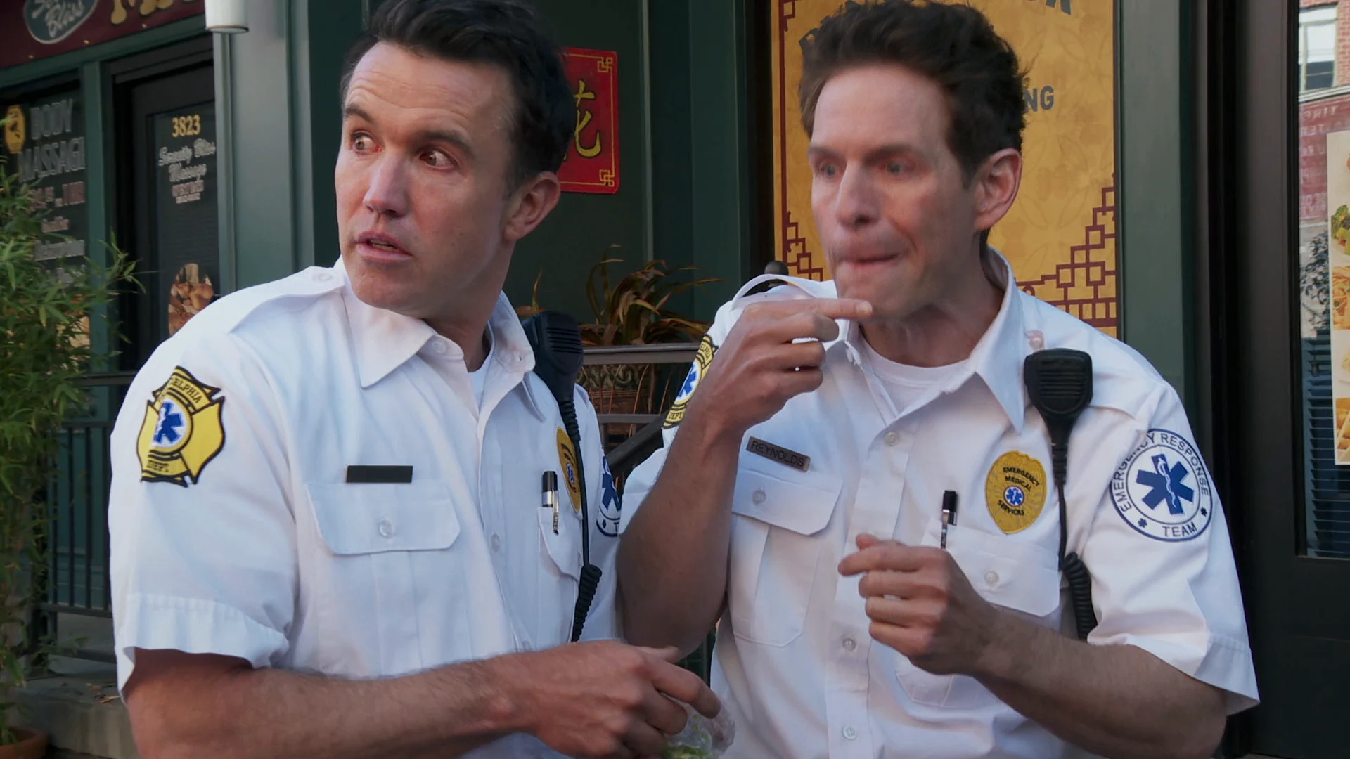 Still from Mac and Dennis Become EMTs
